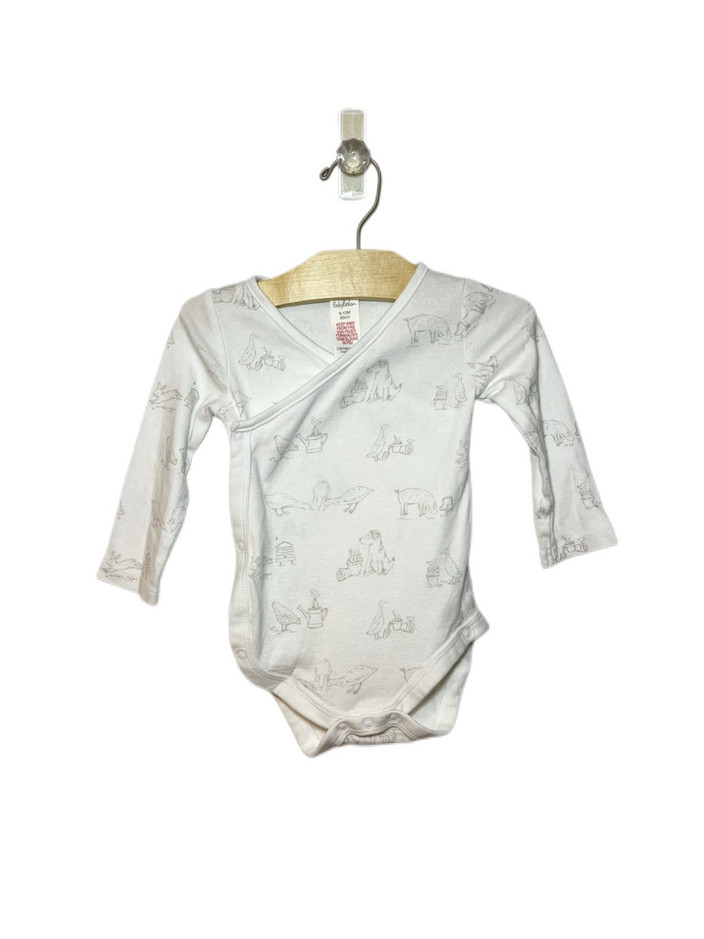 Baby Boden 6-12m White Barnyard Animals Long-Sleeve Kimomo Wrap Style Bodysuit